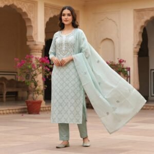 Pastel Green Cotton Kurti Set With Duppatta