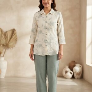 Floral Printed Mandarin Collar With Seaweed Green Pant