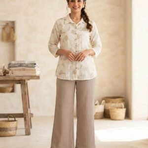 Floral Printed Mandarin Collar With Taupe Biscuit Pant