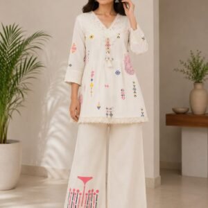 Malmal Cotton Co-ord Set Embroidery and Print