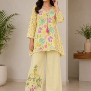 Thread Embroidered V-Neck Top with Palazzos Cotton Co-Ord Set