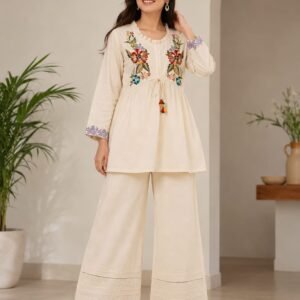 Embroidered V-Neck Top with Palazzos Cotton Co-Ord Set