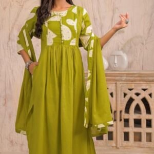 Parrot Green Cotton Printed Suit Set With Dupatta