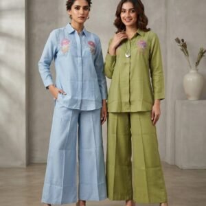 Pastel-hued linen co-ord Sets Floral embroidered & mesh panels