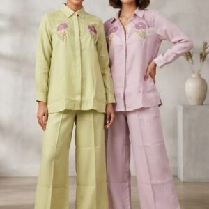 Pastel-hued linen co-ord Sets Floral embroidered & mesh panels