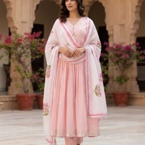 Mal Cotton With Handworked Anarkali Kurti With Bottom Dupatta