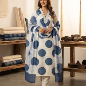 V-neckline Blue-White Printed Cotton Kurta Set With Dupatta