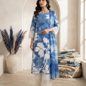 Blue and white floral printed straight kurta set featuring a matching dupatta and white palazzos with delicate lace trim.