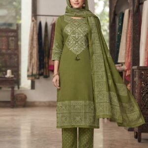 Olive Green Printed Kurta Set With Dupatta