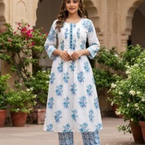 White & Blue Floral Print Cotton A-line Kurta Set