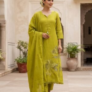 Lime Green Floral Thread Embroidered A-line Kurta Set With Dupatta