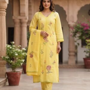 Yellow Floral Thread Embroidered V-neckline Cotton Kurta Set With Dupatta