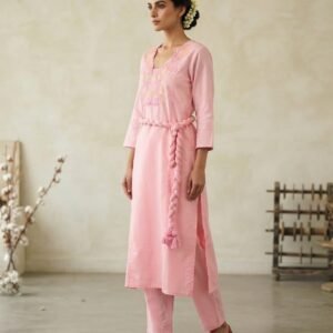 Pink Kurta Set With Braided Fabric Belt