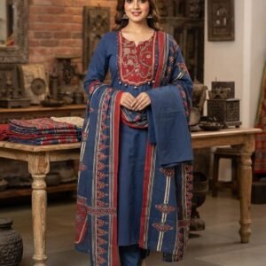 Deep Blue Cotton Kurta Maroon Embroidered yoke Set With Ajrakh-printed Dupatta