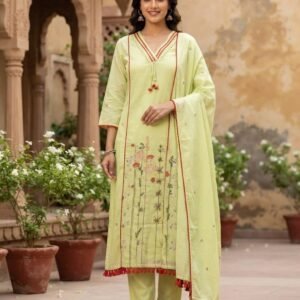 V-neck Kurta Set Floral Embroidery With Dupatta