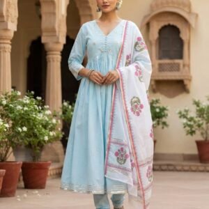 Mal Cotton With Handworked Anarkali Kurti With Dupatta Set