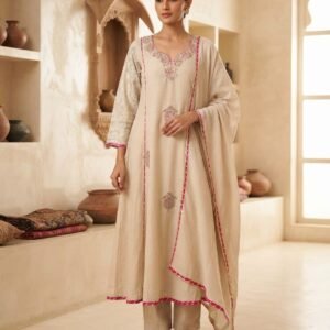 Beige Mal Cotton With Handworked Anarkali Kurti With Dupatta Set