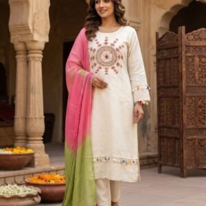 Kurta Set With Dupatta Cotton Blend Embroidered