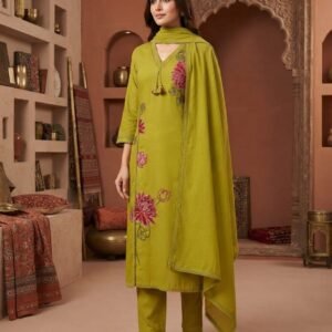 Olive Green Cotton Kurta Set Floral Thread Embroidery