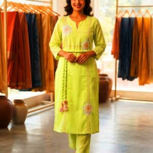 Parrot Cotton Kurta Pant Set floral thread embroidery