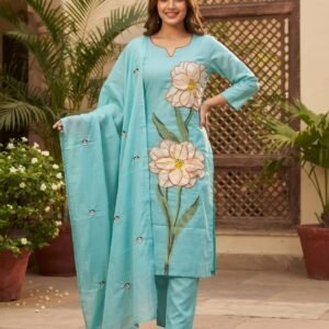 Aqua Blue Kurta Set With Dupatta Floral thread embroidery