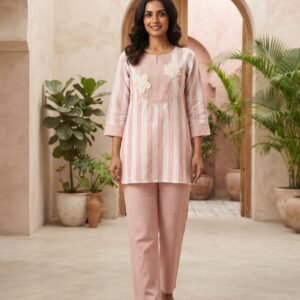Pink & White Bold Stripe Aarong Cotton Kurti Set