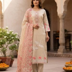 Beige Cotton Kurta Set With Dupatta Thread Embroidery