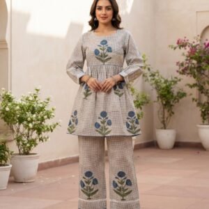 Cotton Floral Embroidery On Check Print Co-ord Set